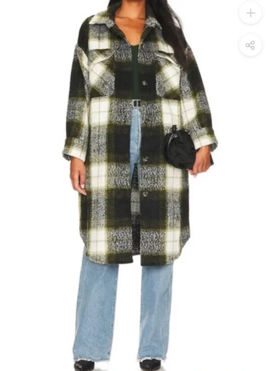 Steve Madden Olive Green Black White Plaid Longline Shacket - Picture 4 of 6